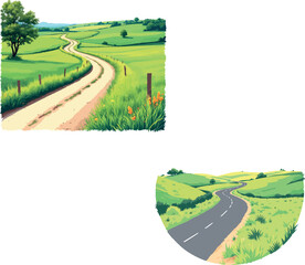 Winding roads leading through green meadows and fields