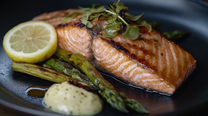 Sashimi style salmon with lemon and dill, served on a black plate.