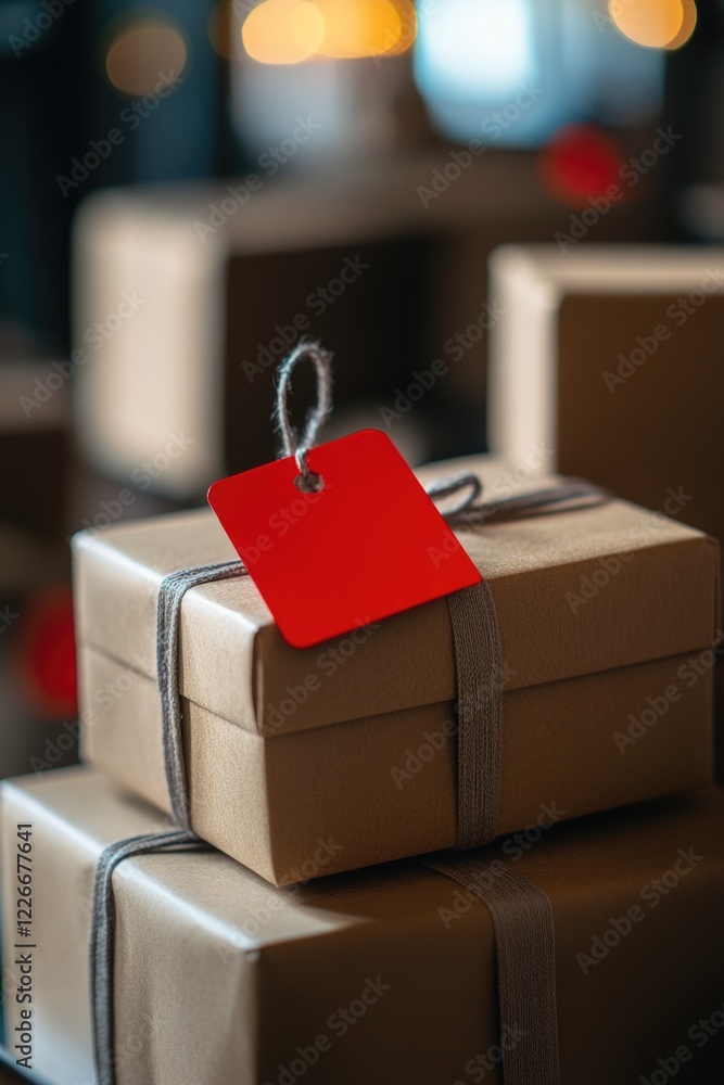 Poster a stack of brown boxes with a red tag on the top one. the boxes are piled on top of each other