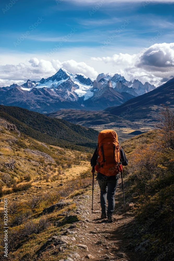 Poster a person is walking on a trail in the mountains with a large backpack. the mountains in the backgrou