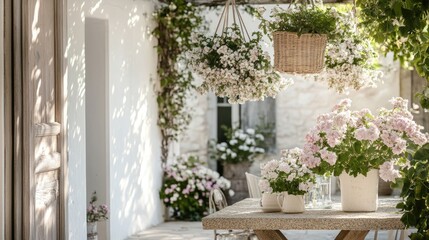 Fototapeta premium A serene urban retreat with a pergola, hanging flower baskets, and a rustic stone table