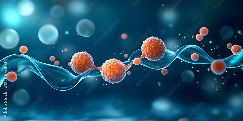 Poster a digital representation of molecular structures, depicting dna strands and cells with a blue and or