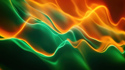 Fototapeta premium Neon orange and green fluid gradient with dynamic waveforms, ideal for bold business templates.