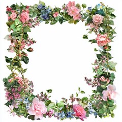 Fototapeta premium Elegant Floral Frame Border with Pink Roses, Green Foliage, and Vibrant Blossoms for Wedding or Garden Decoration