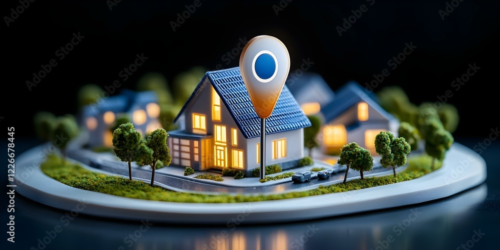 Poster a miniature model of a neighborhood with houses and a location pin, illuminated to resemble a map fe