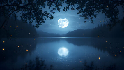 Enchanted Night Landscape with Heart-Shaped Moon Reflection