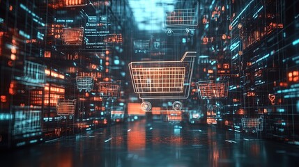 Obraz premium A captivating representation of e-commerce, with floating shopping carts and digital products, illustrating the evolution of shopping 