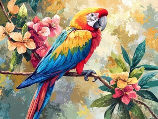 Obraz premium Colorful Parrot with Flowers in Vibrant Tropical Setting