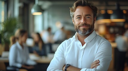 Obraz premium Professional leader standing confidently with a team collaborating in an open office environment, full body wide angle, 8K high resolution, with copy space