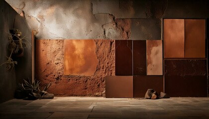 geometric concrete design wall and architecture design interior mood board with concrete tiles color palette texture color pantone 2025 mocha mousse copy space
