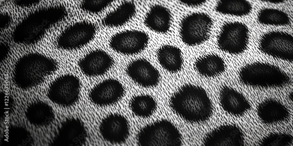 Poster a close up of a leopard print fabric with black and white spots. the image has a bold and striking a