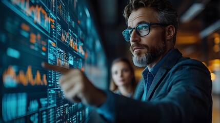 Empowered executive pointing at a presentation screen while employees listen attentively, wide angle view, realistic 8K clarity, with copy space