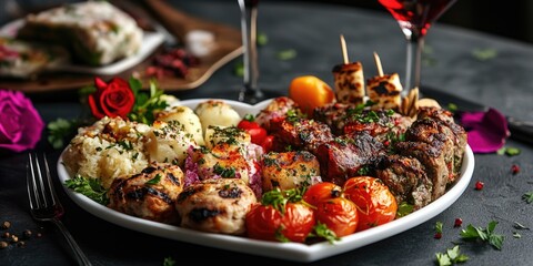Meat, vegetables and potatoes on a plate with skewers.