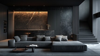 Modern dark apartment living room kitchen interior design
