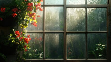 A sunlit glass greenhouse window with condensation and lush tropical flowers pressing against the panes
