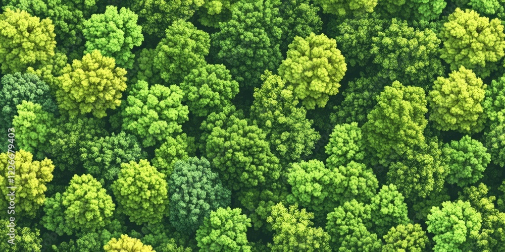 Poster a lush green forest with trees of various sizes and shapes. the trees are densely packed, creating a