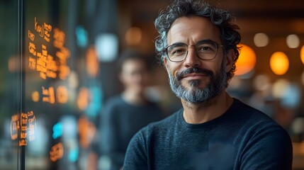 Fototapeta premium Confident leader and team brainstorming with sticky notes on a glass wall, 8K realistic clarity, full body wide angle, with copy space