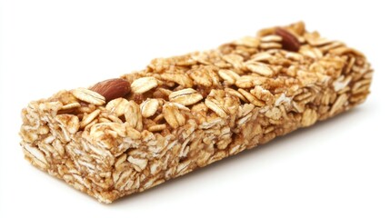 Single oat granola bar with almonds, isolated on white.