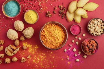 A colorful assortment of spices and nuts are laid out on a red background. The spices include turmeric, cumin, and paprika, while the nuts include walnuts and almonds. The arrangement of the spices