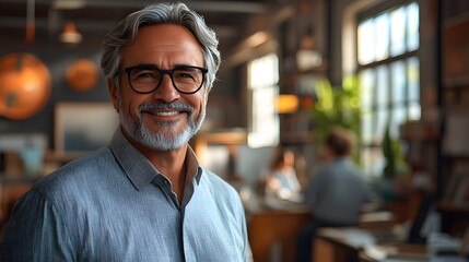 Obraz premium Dynamic workspace with a confident executive smiling while employees work collaboratively, realistic details, full body wide angle, with copy space