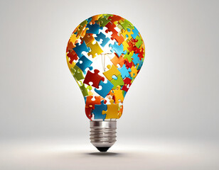 A collection of colorful puzzle pieces floating in the air, coming together to form the shape of a glowing light bulb, representing problem-solving, creativity, and innovation, on a seamless white bac