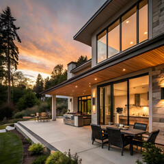 Fototapeta premium Modern Luxury: Stunning New Home Exterior with Grand Features at Sunset