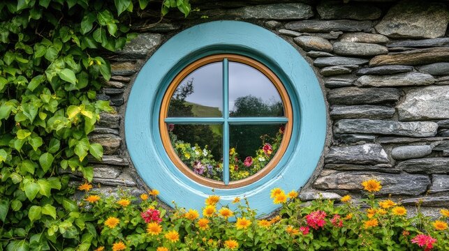 A tiny round window in a quaint stone cottage, encircled by bright wildflowers