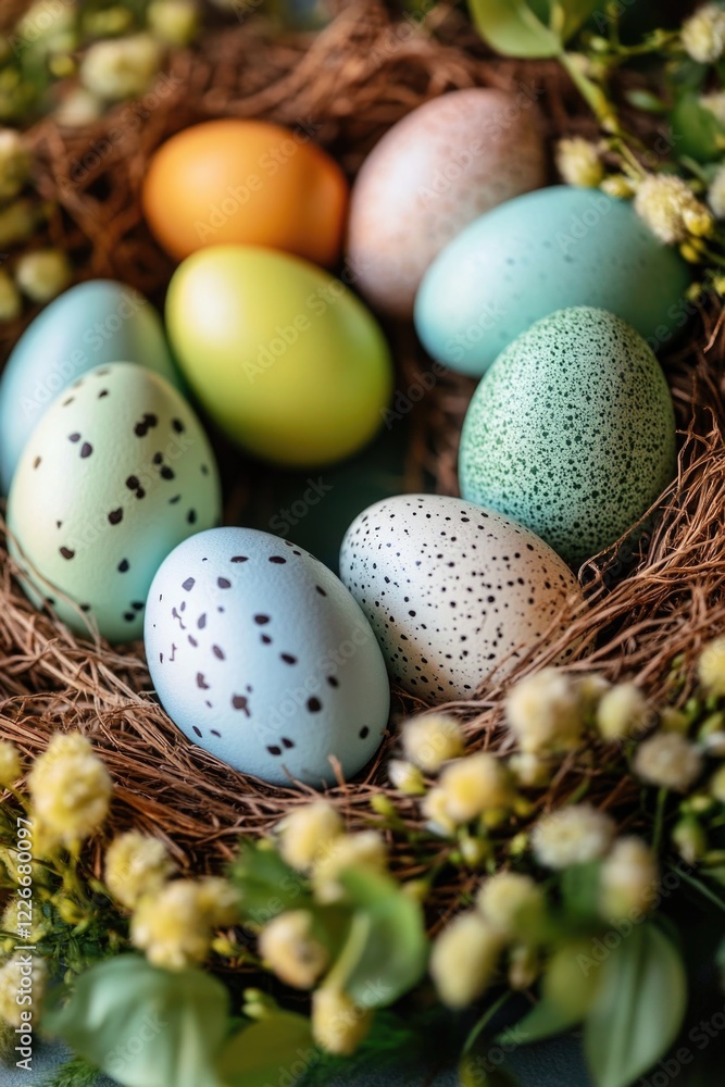 Aufkleber a nest of eggs with a variety of colors and patterns. the eggs are arranged in a circle, with some b