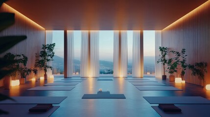 Fototapeta premium A tranquil yoga space with a minimalist design, soft lighting, and indoor plants creating a relaxing atmosphere