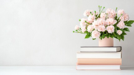 Pink flowers in pot on books, minimalist home decor, white background, peaceful scene, for blogs or websites