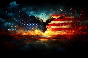Wildfires in the USA in 2025. Background with flag and fire.