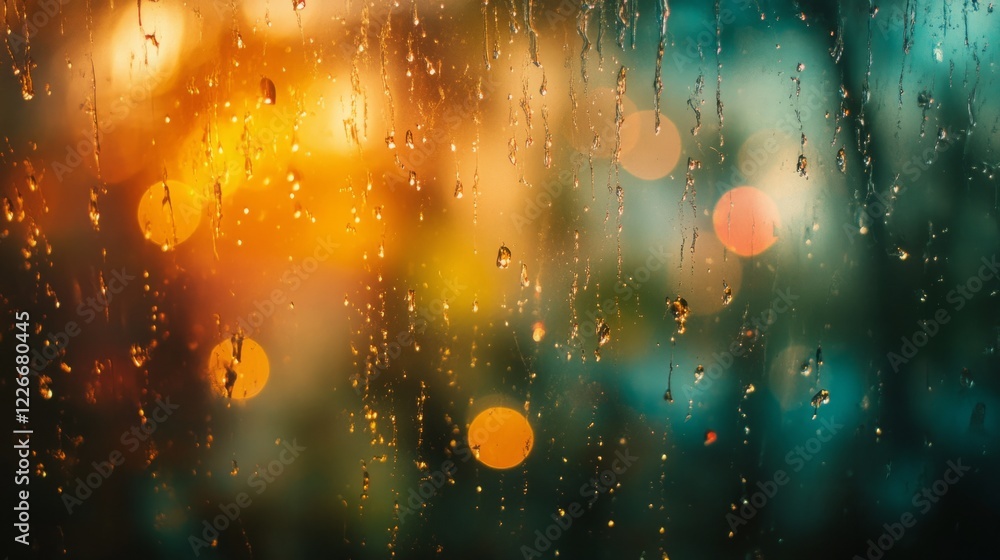 Poster water droplets on glass with colorful reflections of the environment, illuminated with soft, diffuse
