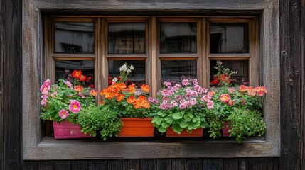 Fototapeta premium A Venetian-style window with bright flower boxes, reflecting gondolas and historic buildings