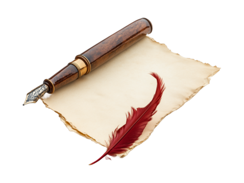 blank sheet of old paper with vintage pen on transparent background. old paper transparent background