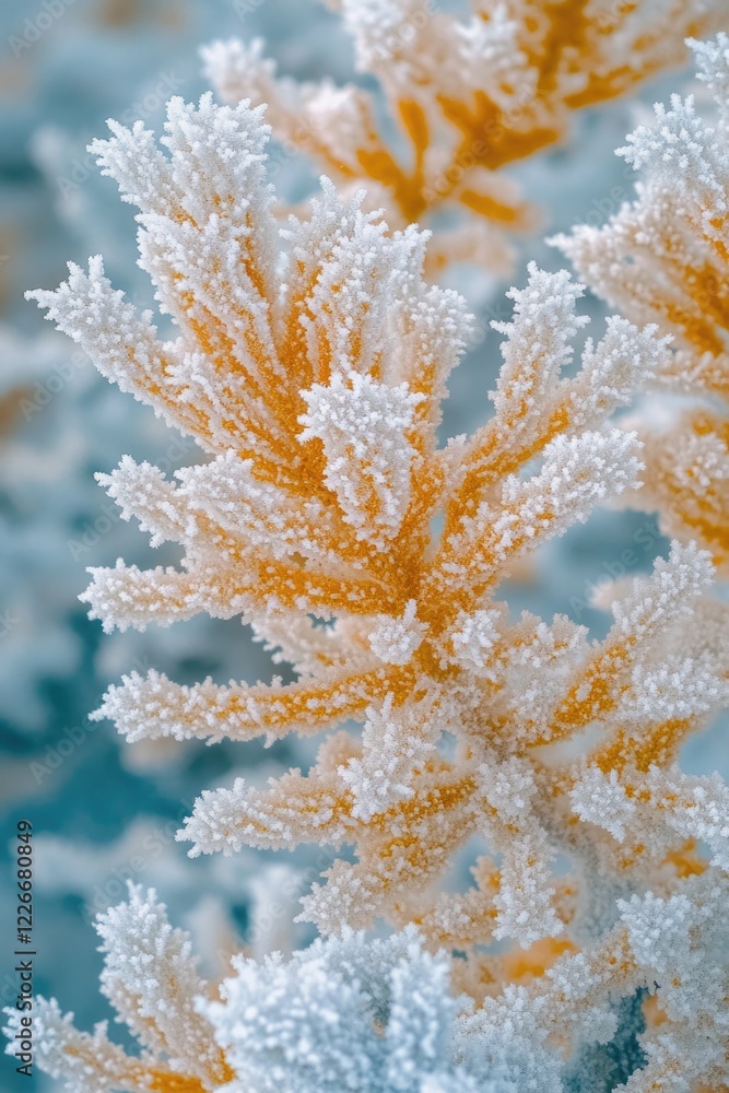Aufkleber a branch covered in snow and frost with a yellow leaf in the middle. the branch is surrounded by a b