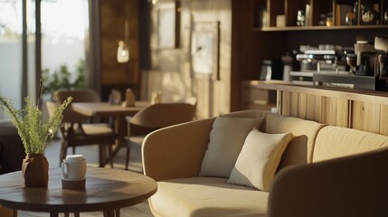 Cozy cafe interior with natural light and comfortable seating for relaxation