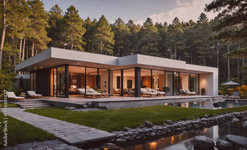 Aufkleber A large house with a pool and a walkway in front of it. The house is surrounded by trees and has a modern design