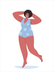 A beautiful young woman in a swimsuit enjoys relaxation and her body. The girl is happy with herself in the summer. Vector flat graphics.