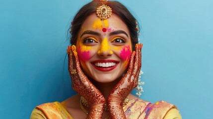 A smiling woman with colorful face paint celebrating a Hindu festival, possibly Durga Puja. She is adorned in traditional Indian attire and is part of the 'Festival of Colors'.