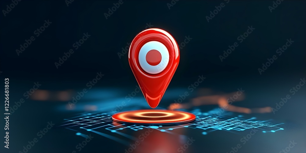 Poster a stylized map pin icon in red with a white circle, placed on a digital circuit-like background. con