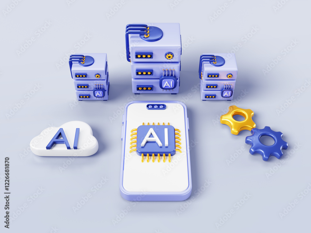 Poster artificial intelligence banner 3d render. concept of innovation technologies. computer data servers,