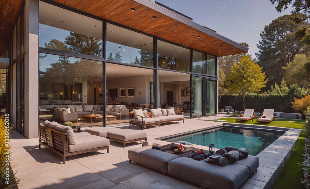 Poster a large house with a pool and a large open living room. the house is surrounded by trees and has a l