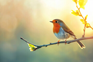 A vibrant robin perched on a branch, illuminated by soft golden sunlight in a serene spring setting