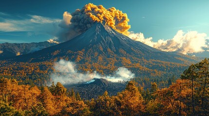 Fototapeta premium Volcano erupts with orange smoke, forest in foreground, mountains in distance