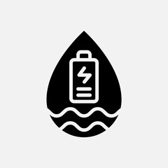 Water energy and battery icon Glyph, free energy, ecology, renewable and green energy concept. Black and solid icon.