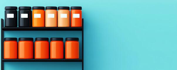 Shelf with colorful spice jars against vibrant blue background, highlighting culinary organization.