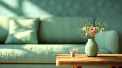 A well-lit modern living room with a textured cream couch, green walls and a vase of flowers on the wooden coffee table.