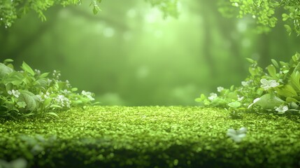 Lush green forest floor, spring blooms, nature background, product display