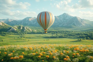 Obraz premium 3D render of a hot air balloon flying over a green meadow with yellow flowers and mountains in the background, in Octane rendering and Cinema4D style.