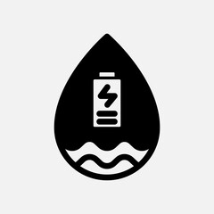 Water energy and battery icon Semi solid, free energy, ecology, renewable and green energy concept. Black and semi solid icon.